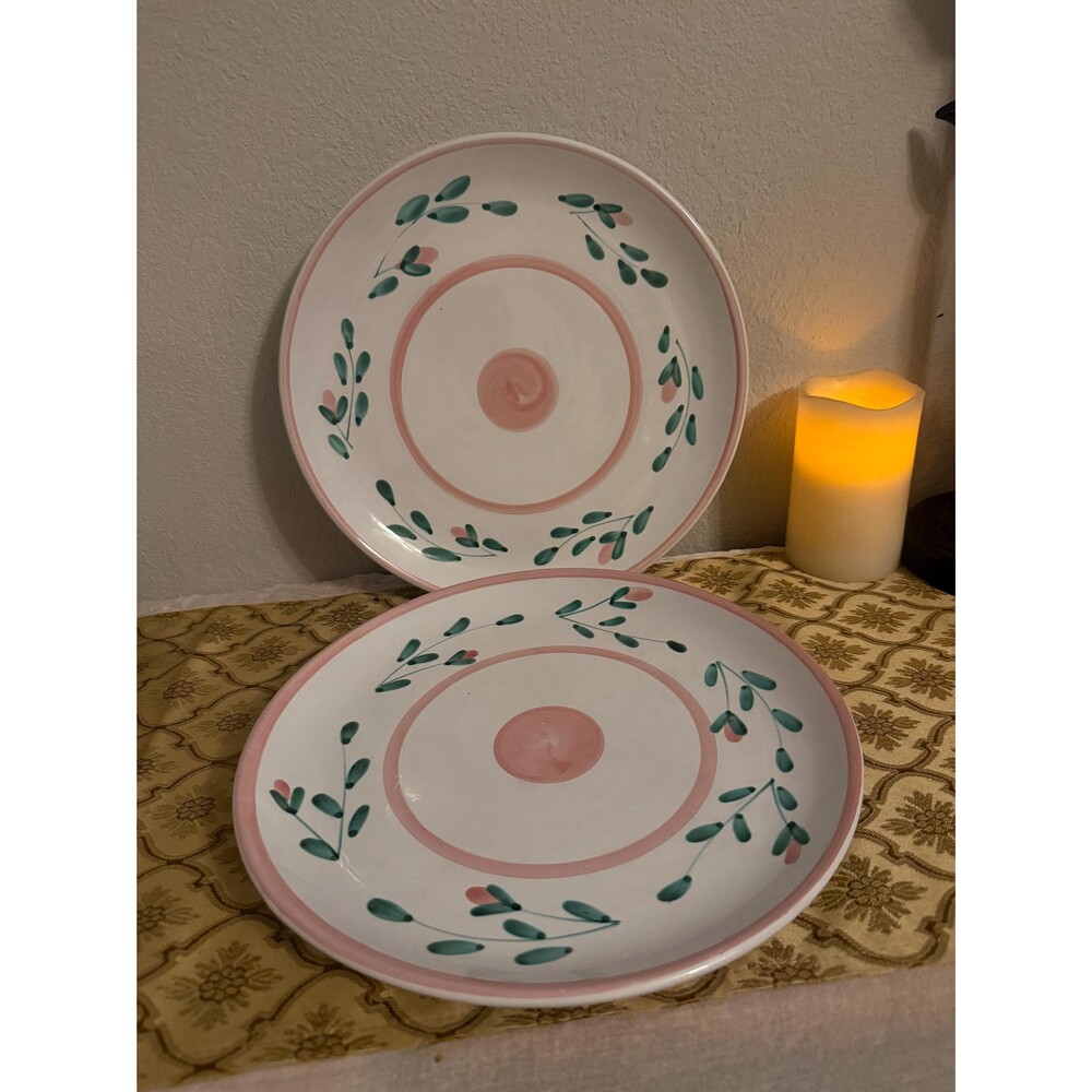 Italian Hand Painted Caleca Dinner Plates Set of 2 Pink Green Floral Farmhouse
